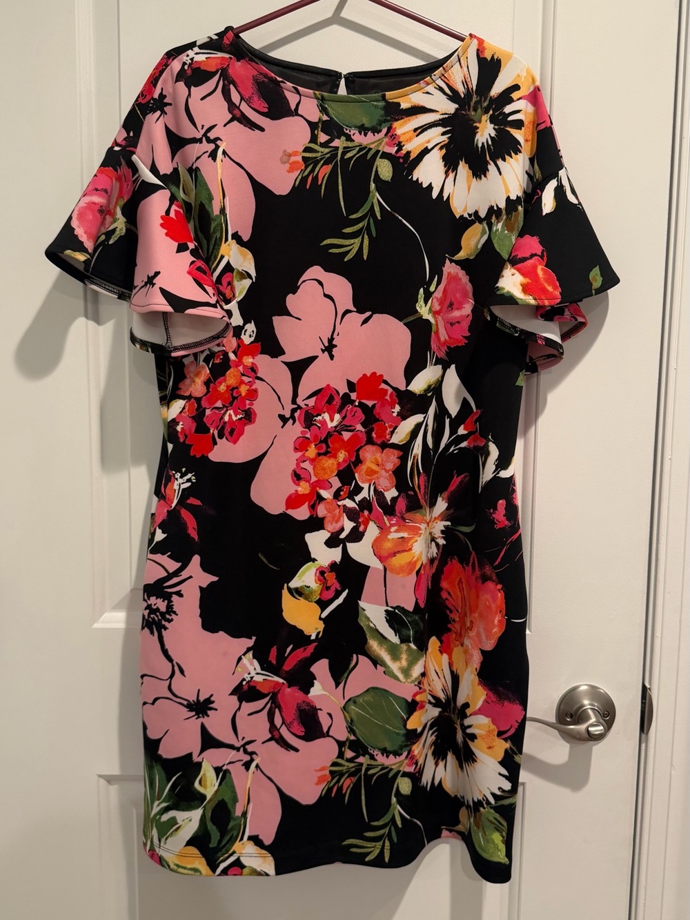 New York & Company Black Floral Shift Dress with Pink Accents